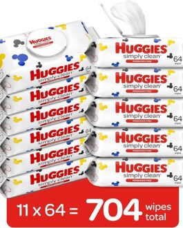 Huggies Simply Clean Fragrance-Free Baby Wipes, Unscented Diaper Wipes, 11 Flip-Top Packs (704 Wipes Total)